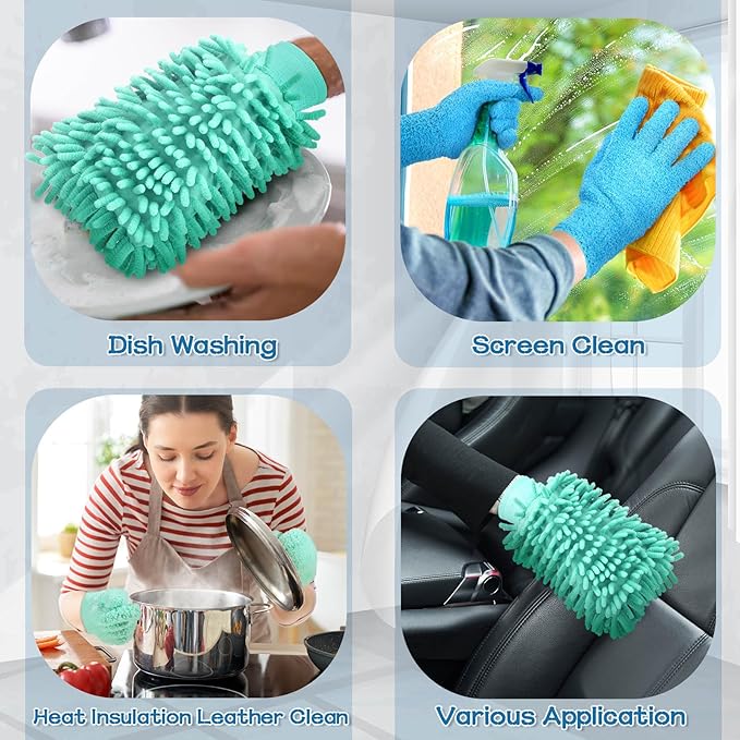 Potchen 6 Pcs Microfiber Dusting Mitt Gloves for Plants Washable Dusting Gloves for House Cleaning Furniture Car Washing