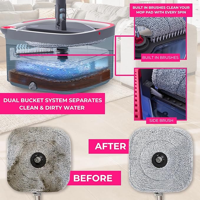 Heavy Duty Square Spin Mop for Floor Cleaning, Separate Compartment for Clean and Dirty Water, Use Any Cleaning Solution, Self Cleaning, Machine Washable Pads