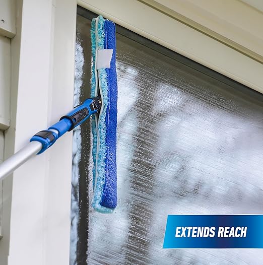 Unger Professional Connect and Clean 18” Grip Microfiber Window Scrubber with 8’ Pole, High-Access Glass Surface Household Cleaning Supplies and Tools, Reusable Microfiber Sleeve