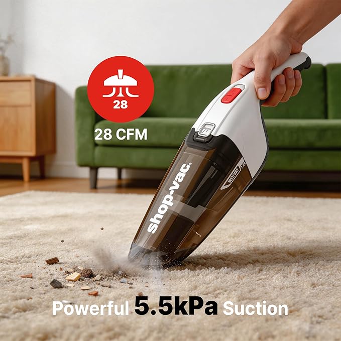 Shop-Vac Wet/Dry Handheld Vacuum Cordless, Powerful Portable Car Vacuum Rechargeable, Wall-Mounted Hand Vac with Crevice Tool, Lightweight Hand Vacuum for Home & Car, Washable Filter, White