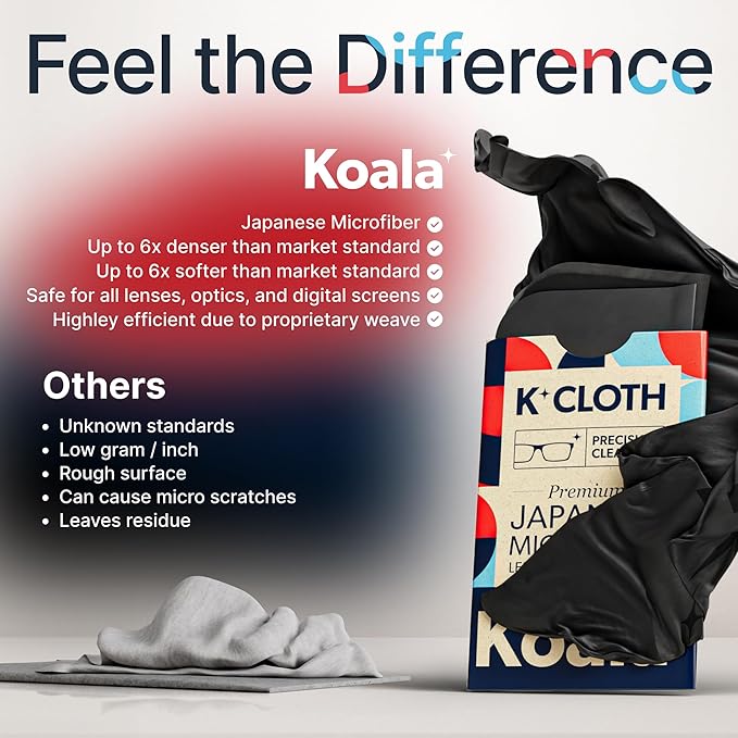 Koala Lens Cleaning Cloth | Japanese Microfiber | Glasses Cleaning Cloths | Eyeglass Lens Cleaner | Eyeglasses, Camera, VR/AR Headset, and Screen Cleaner | Black & Green (Pack of 2)