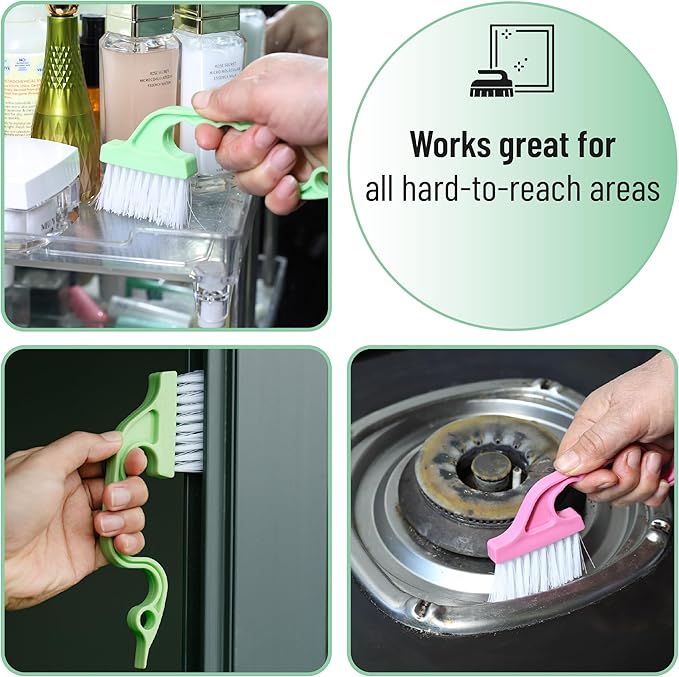 Slick- Window Track Cleaning Brush, 3 Pack, Colorful, Ergonomic Handle, Built-in Scraper, Multipurpose Window Track Cleaning Tools for Faucets, Shower Heads and Drains