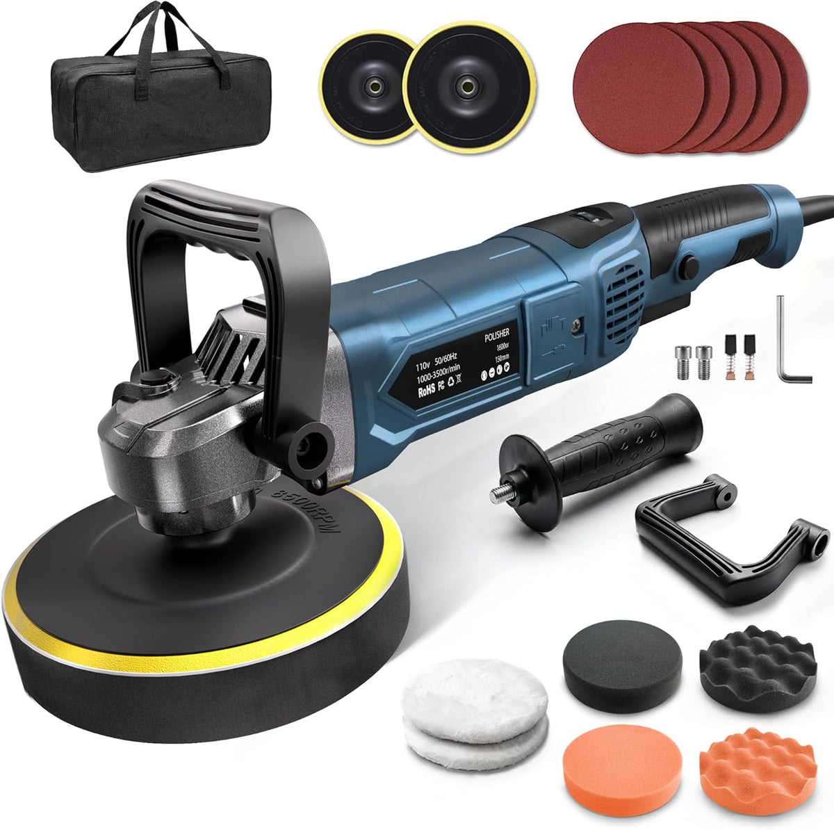 Buffer Polisher, 1600W Rotary Car Buffer, 6 Inch/7 Inch, Blue