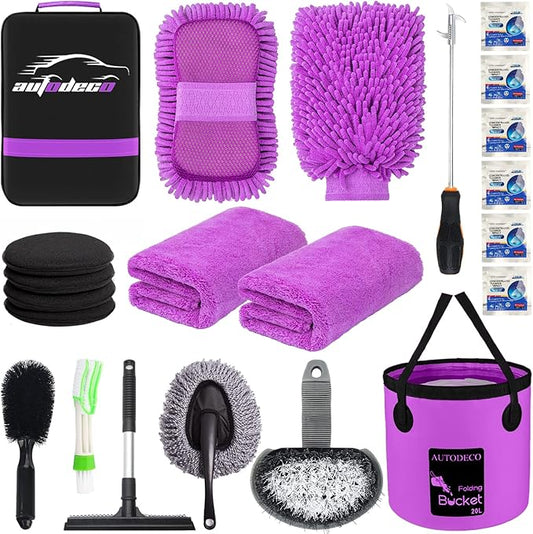 22Pcs Car Wash Cleaning Tools Kit Car Detailing Set with Canvas Bag Purple Collapsible Bucket Wash Mitt Sponge Towels Tire Brush Window Scraper Duster Complete Interior Car Care Kit