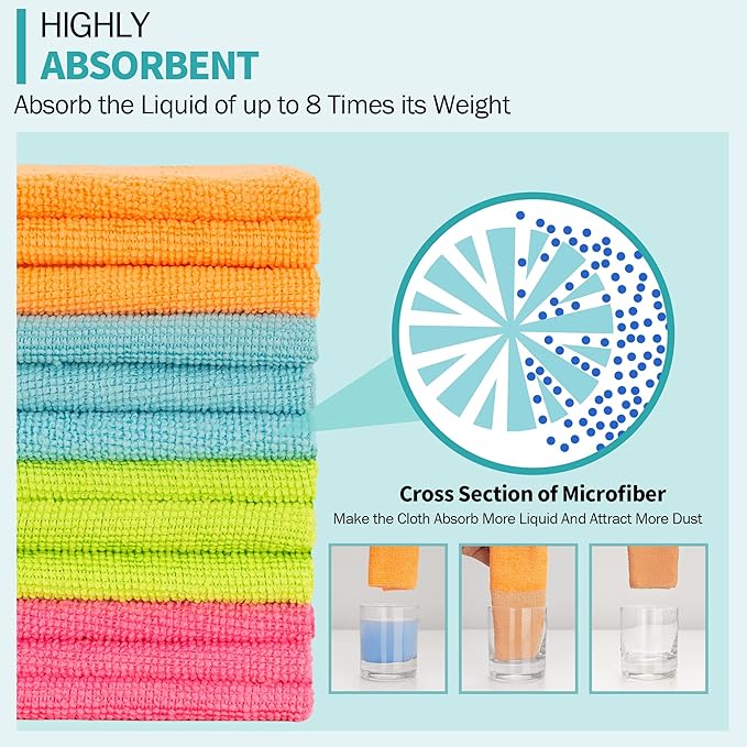 Microfiber Cleaning Cloth, 12 Pack Cleaning Rags, 12" x 12" Microfiber Towel, Lint Free Non-Abrasive Dusting Cloth, Microfiber Towels for Cars Kitchen Garage House Office