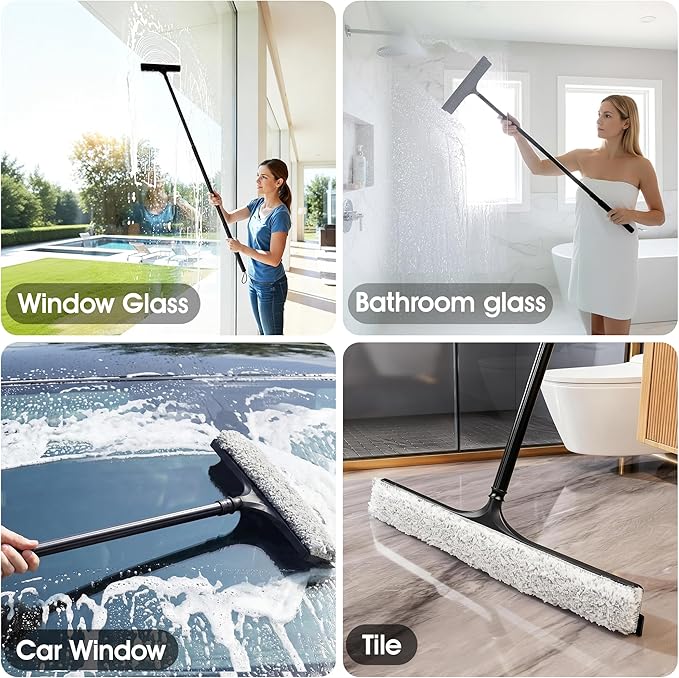 Window Squeegee with Flip-Head, Shower Squeegee 16-59" Long Handle Telescopic Pole & 30% Thicker Blade, Shower Squeegee for Glass Doors, Shower, Car, Windows, Bathroom