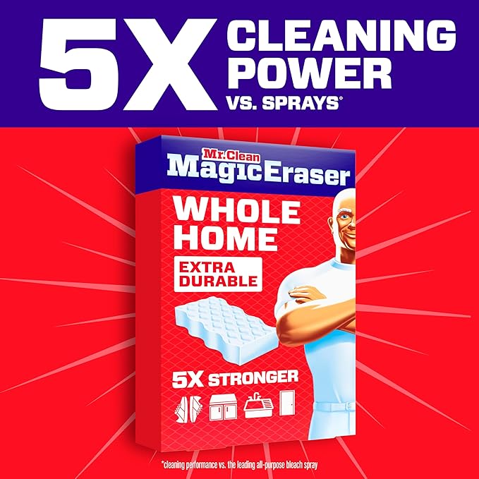 Mr. Clean Magic Eraser Sponge, All Purpose Cleaner, Cleaning Scrubber, Wall, Sneaker, Kitchen, Bathroom, Shower Cleaner, Cleaning Supplies, Melamine Sponge, Cleaning Pads, Extra Durable, 9ct