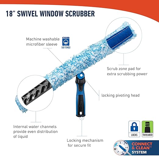 Unger Professional Connect and Clean 18” Grip Microfiber Window Scrubber with 8’ Pole, High-Access Glass Surface Household Cleaning Supplies and Tools, Reusable Microfiber Sleeve