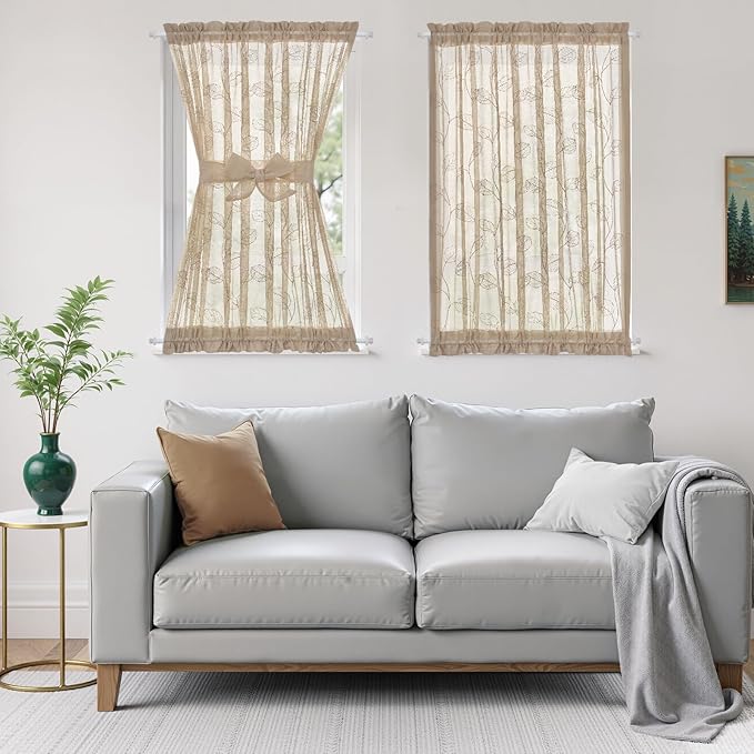 jinchan French Door Curtain Privacy Rustic Leaf Embroidered Semi Sheer Voile Front Curtain for Window Doorway Closet, Door Panel with Tieback Rod Pocket 1 Panel 55W x 40L Inch Beige