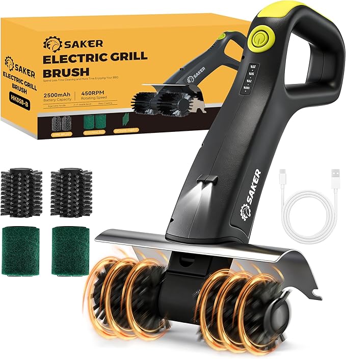 Saker Electric Grill Brush with 450 RPM & LED Light | Tangle-Free Grill Cleaning Brush with Durable Roller | Complete 8-Piece Brush & Scouring Pad Kit | Ideal Grilling Gift for Dad