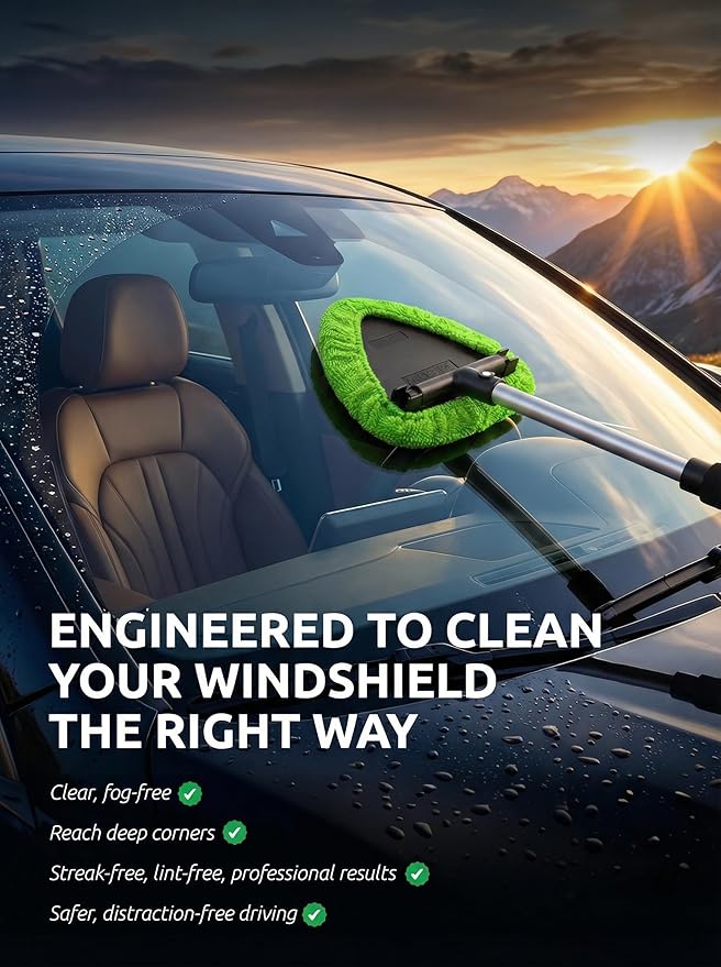 TAKAVU Car Window Cleaning Tool, Windshield Wiper Cleaner with Extendable Long-Reach Handle, 3 Washable Reusable Microfiber Bonnets, Car & Home Inside Interior Exterior Use - Lint Free (Green)