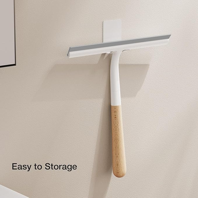 Shower Squeegee for Glass Doors, Streak-Free Silicone Window Cleaner with Detachable Wood Handle & Hook, Rust-Proof Bathroom Squeegee for Mirror, Tile Wall, Car Windshield, 10 Inch White