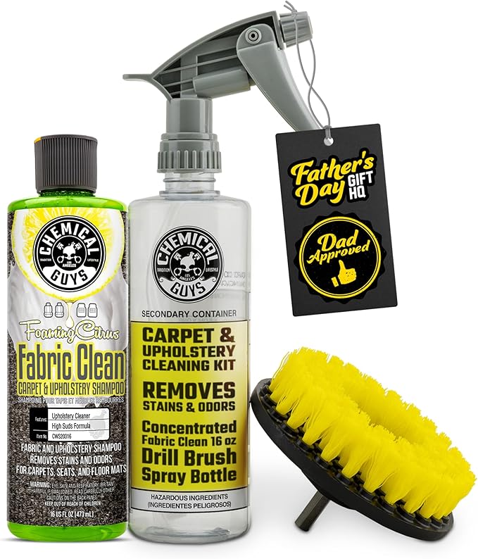 Chemical Guys Foaming Citrus Fabric Clean Drill Brush Kit - High Foaming Stain and Odor Remover, Upholstery, Floor Mat & Car Carpet Cleaner, Deep Cleans & Deodorizes, Citrus Scent - 16 fl oz