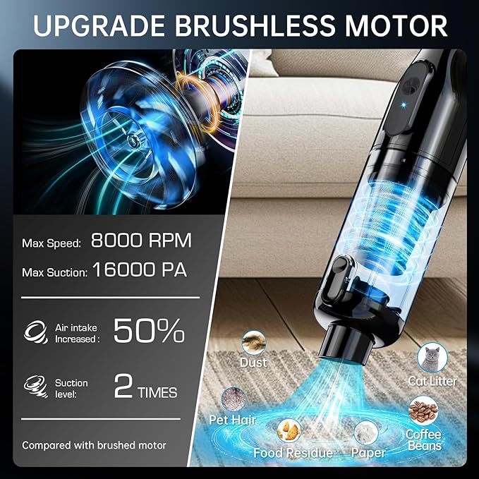 dormzie Handheld Vacuum Cordless, 16000Pa Powerful Suction, Lightweight at 1.3 lbs, Type-C Charge, Multiple Accessories, Rechargeable Car Vacuum Cleaners for Home Office Pet