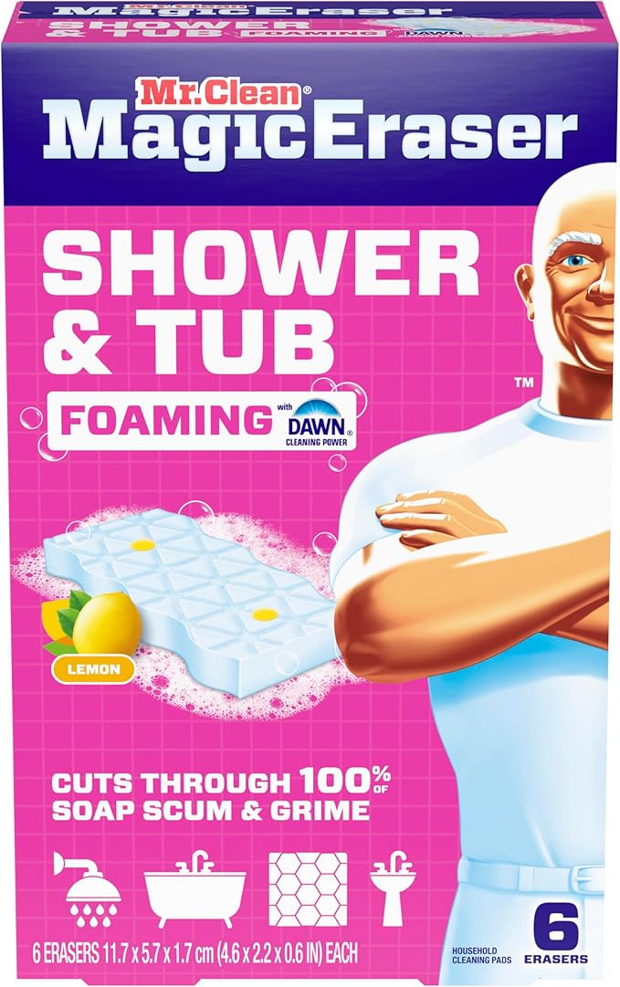 Mr. Clean Magic Eraser Sponge, Bathroom, Shower, Tub Cleaner, Soap Scum Remover, Bathroom Cleaning Supplies, Dawn Cleaning Power with Lemon Scent, Shower & Tub, 6ct (Pack of 4)