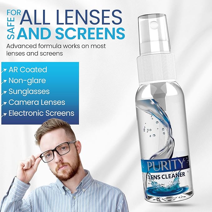 Purity Eyeglass Cleaner Family Pack - Multi-Size Lens Cleaner Kit - 1x1oz, 1x2oz, 1x4oz, 1x8oz Bottles + 4 Premium Microfiber Cloths - Safe for All Lenses, Eyeglasses, & Screens - Streak-Free Formula