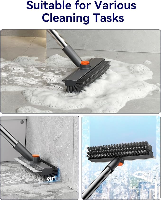 Small Floor Scrub Brush with Length Adjustable Long Handle, 3 in 1 Heavy-Duty Stiff Bristle Scrubber Brush with Squeegee and Tweezer for Cleaning Bathroom, Tile, Deck, Patio, Garage and Kitchen