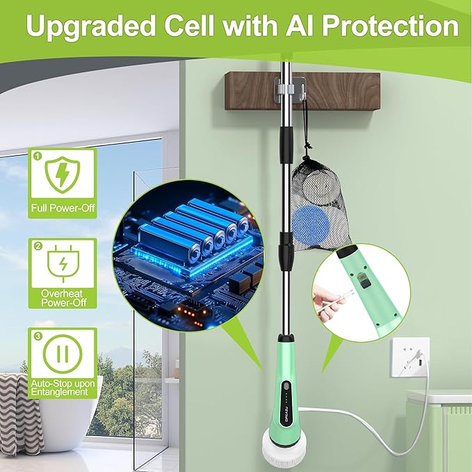 G2-Electric Spin Scrubber - IPX7 Waterproof 12-in-1 Shower Cleaner Brush, Retractable Handle & 2-Speed for Bathroom, Bathtub, Kitchen, Tile Floors