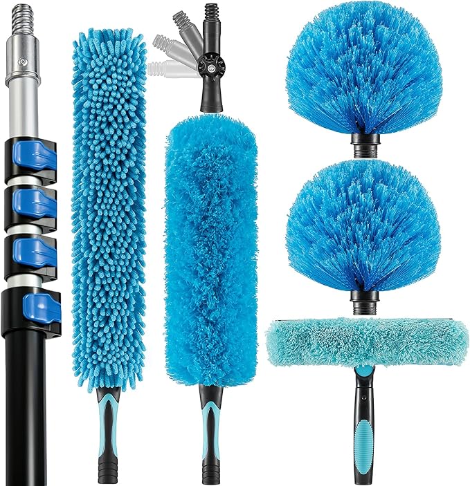 30 Foot High Ceiling Fan Duster with 6-24ft Extension Pole, Extendable Reusable Cobweb, Feather, Window Cleaning Squeegee Kit