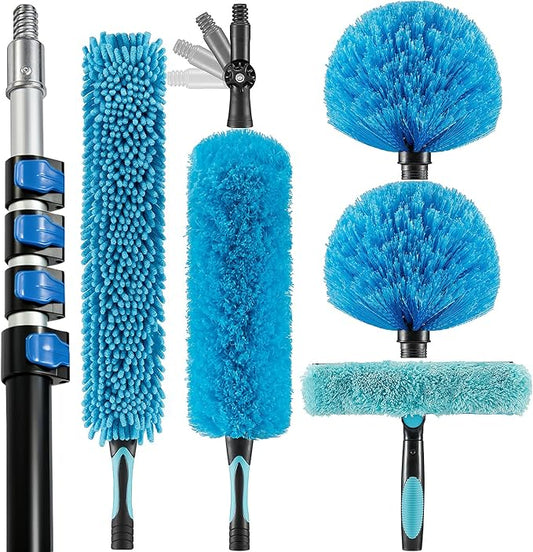 30 Foot High Ceiling Fan Duster with 6-24ft Extension Pole, Extendable Reusable Cobweb, Feather, Window Cleaning Squeegee Kit