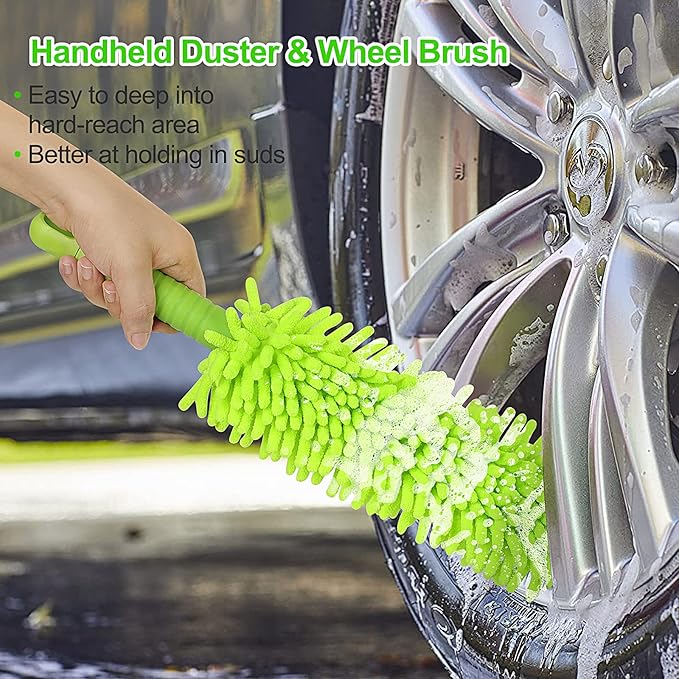 Wontolf 62'' Car Wash Brush With Long Handle - Chenille Microfiber Mop Mitt, Cleaning Kit, Windshield Window Squeegee, Duster, Microfiber Towels, Wheel Tire Brush for Cars, RV, Truck, Boat