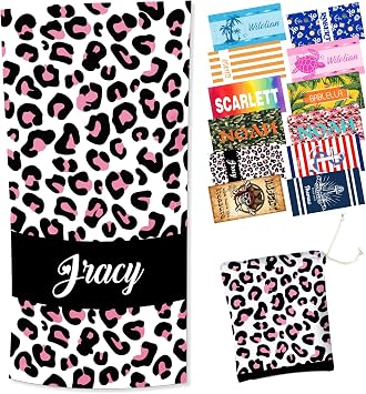 Personalized Beach Towel with Bag, Pink Leopard Beach Towels Oversized Thick for Girls Women, Quick Dry Large Travel Spo
