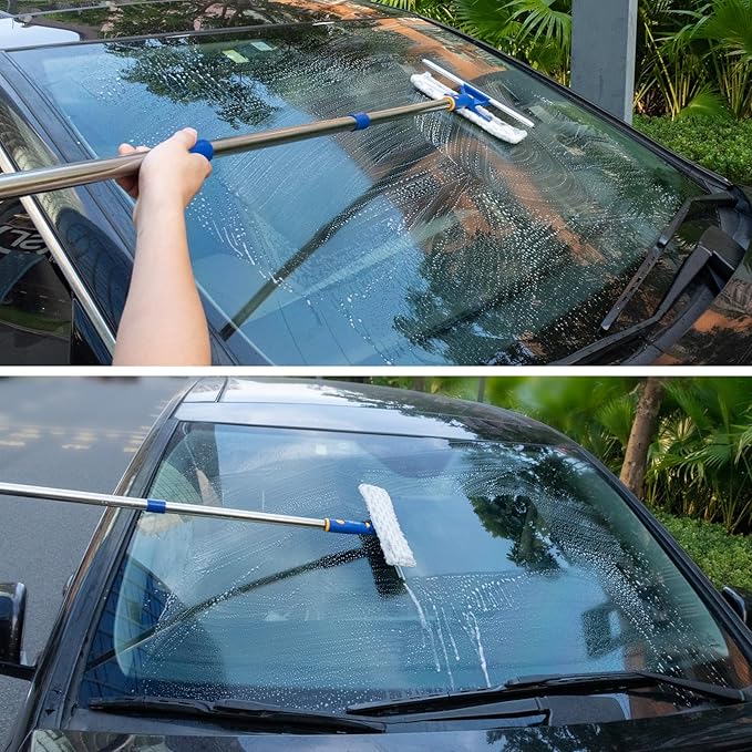 Squeegee for Window Cleaning with Extendable Pole, 53" 2-in-1 Window Cleaning Tool Kit, Shower Squeegee with Long Handle, Indoor/Outdoor High Window Cleaning-Two Pads