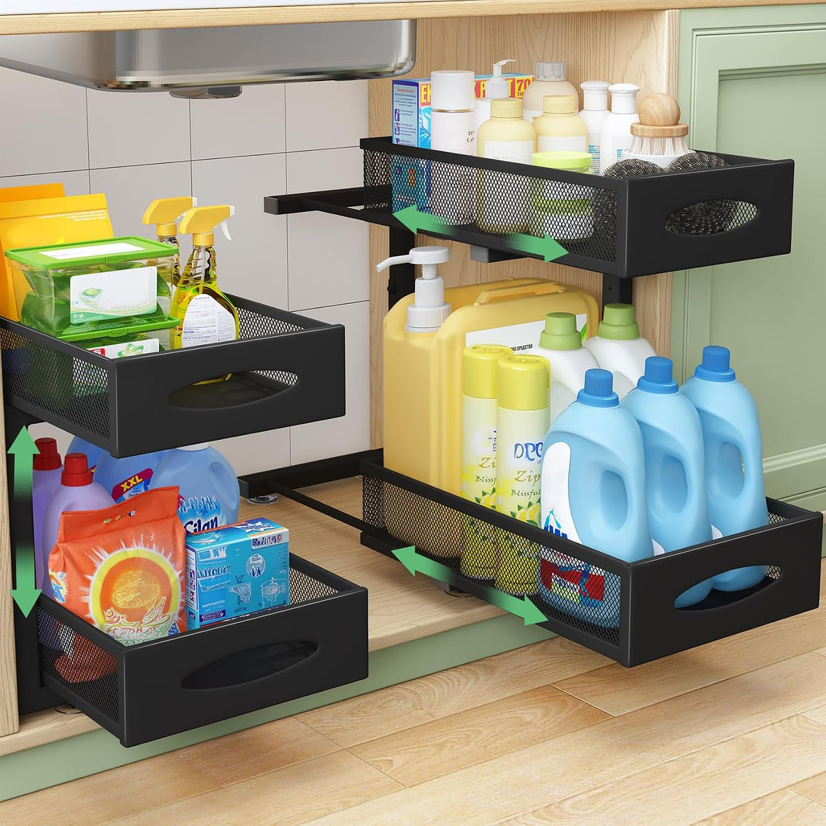 Under Sink Organizer, 2 Tier Pull out Cabinet Organizer Baskets with Mesh Sliding Drawers, Slide out Storage Shelf for Home, Kitchen, Bathroom, Pantry, Office Cabinet, Countertop(1 Pack)