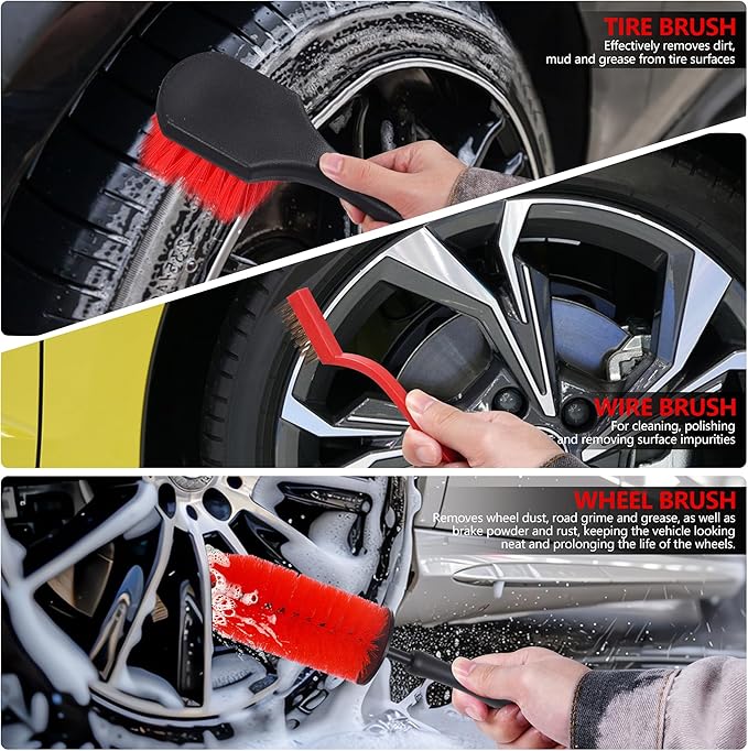 35Pcs Car Detailing Kit & Car Cleaning Kit – Windshield Tool, Long Wheel Brush & 2 Angled Brushes, 4 Polishing Pads & 4 Wax Pads – Red Tool Box – Gift for Men (B：35PCS-R)