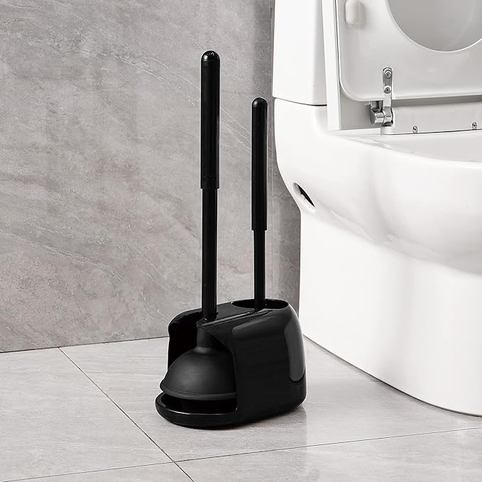 Eyliden Toilet Plunger and Brush Set | 2-in-1 Bathroom Cleaning Tools with Holder | Unclogs Toilets, Deep Cleans Bowls | Compact Caddy Stand | Nylon Bristles, Durable Plastic, Black