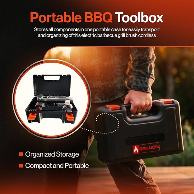 Electric Grill Brush Cordless Rechargeable with Soap Dispenser, Automatic Outdoor BBQ Electric Grill Cleaner Brush Including Interchangeable Stainless Steel Wire & Bristle Free Chain Brush