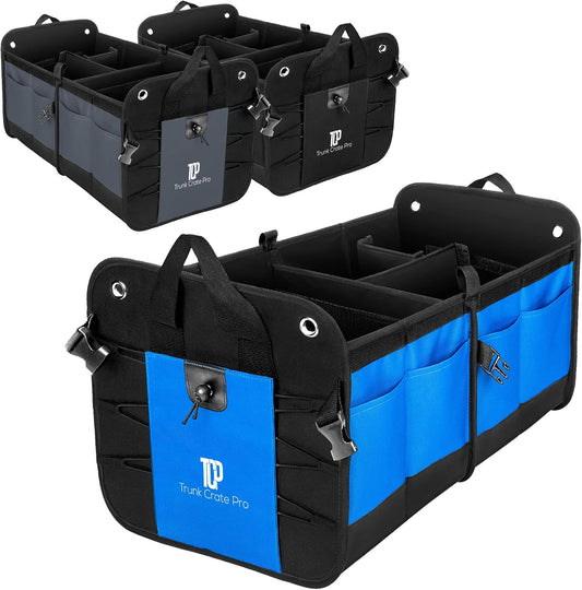 TRUNKCRATEPRO Save 15 per cent off Bundle of 3 collapsible portable multi compartments car trunk organizer for men and women (Blue, black and Gray)