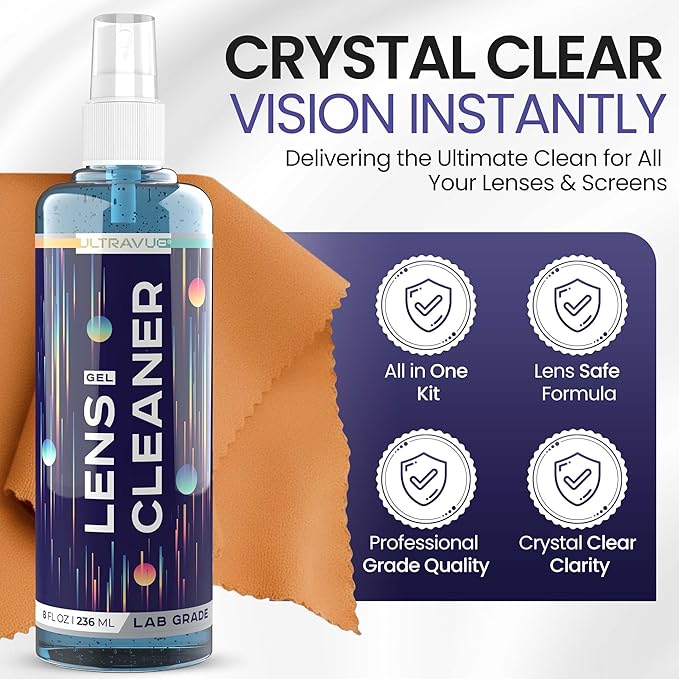 Eyeglass Gel Lens Cleaner Spray Kit - 2 x 8oz and 1 x 2oz Gel Eyeglasses Cleaner Spray Bottle + 2 Microfiber Cloth for Cleaning - Safe for All Lenses (AR Coated Included)