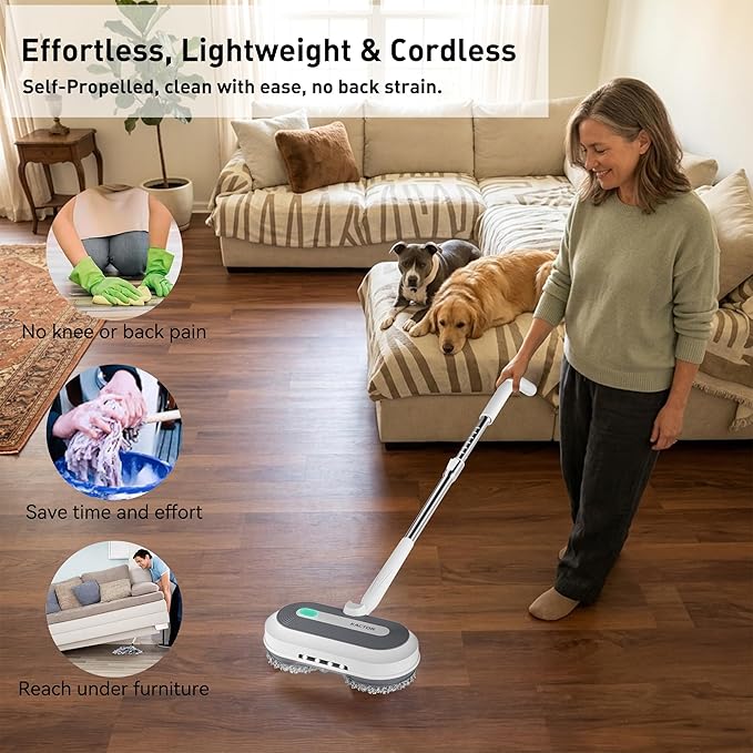 Cordless Electric Spin Mop, Electric Floor Cleaner with Water Sprayer & LED Headlight, 50mins Working Time, 290ml Water Tank, Adjustable Tube, Self-Propelled Multi-Surfaces Floor Mop for Home Cleaning