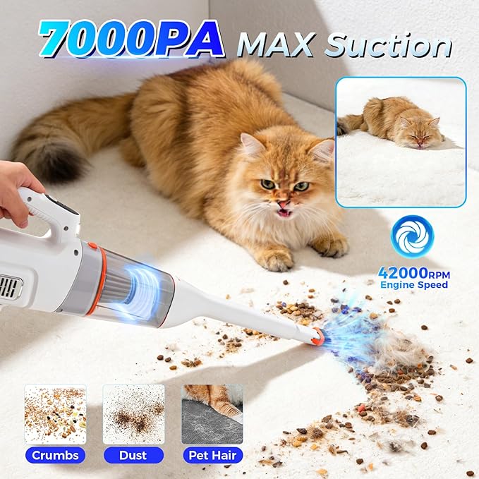 Heapsion Handheld Vacuum Cleaner Cordless, 7000Pa Suction, Portable Pet Hair Vacuum, 30-Min Runtime Rechargeable Type-C, Lightweight with Telescopic Tube for Car, Home & Office, with Telescopic Tube