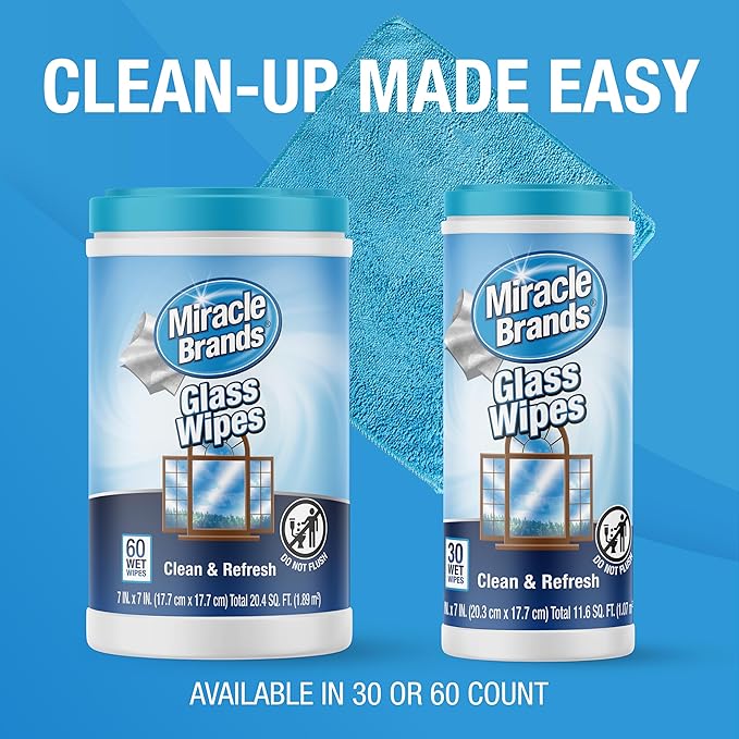 MiracleWipes for Glass, Disposable and Streak Free Cleaning Wipes for Mirrors, Windows, Kitchen, Home, and Auto- (60 Count (Pack of 1))