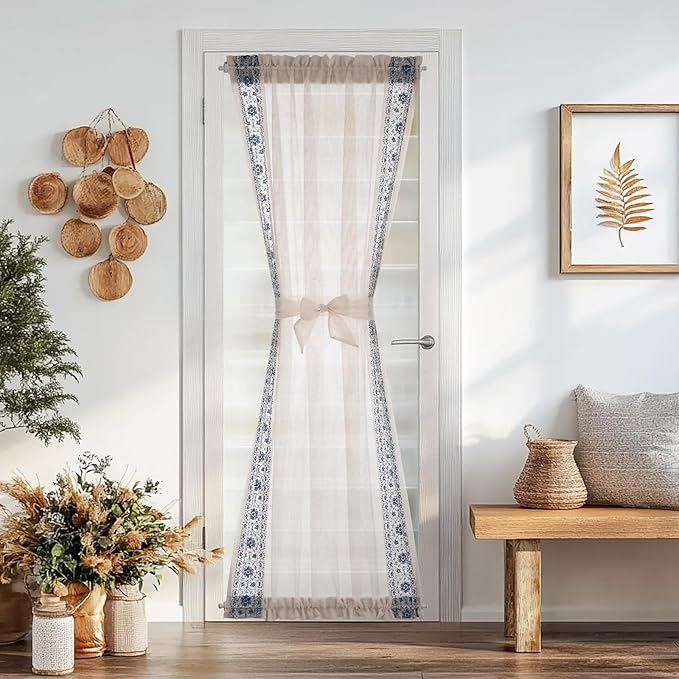jinchan French Sheer Volie Door Curtain Embroidered Farmhouse Linen Curtain for Patio Door with Tie up Bows Light Filtering for Door Window Closet Rod Pocket 72 Inches 1 Panel Blue on Beige