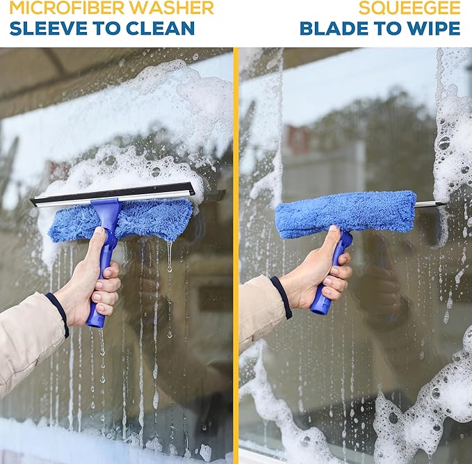 Kleen Handler 2-in-1 Window Squeegee Cleaning Combo, Glass Cleaner Tool for Commercial and Residential Use, 2 Reusable 12” Sleeves and 14” Blade