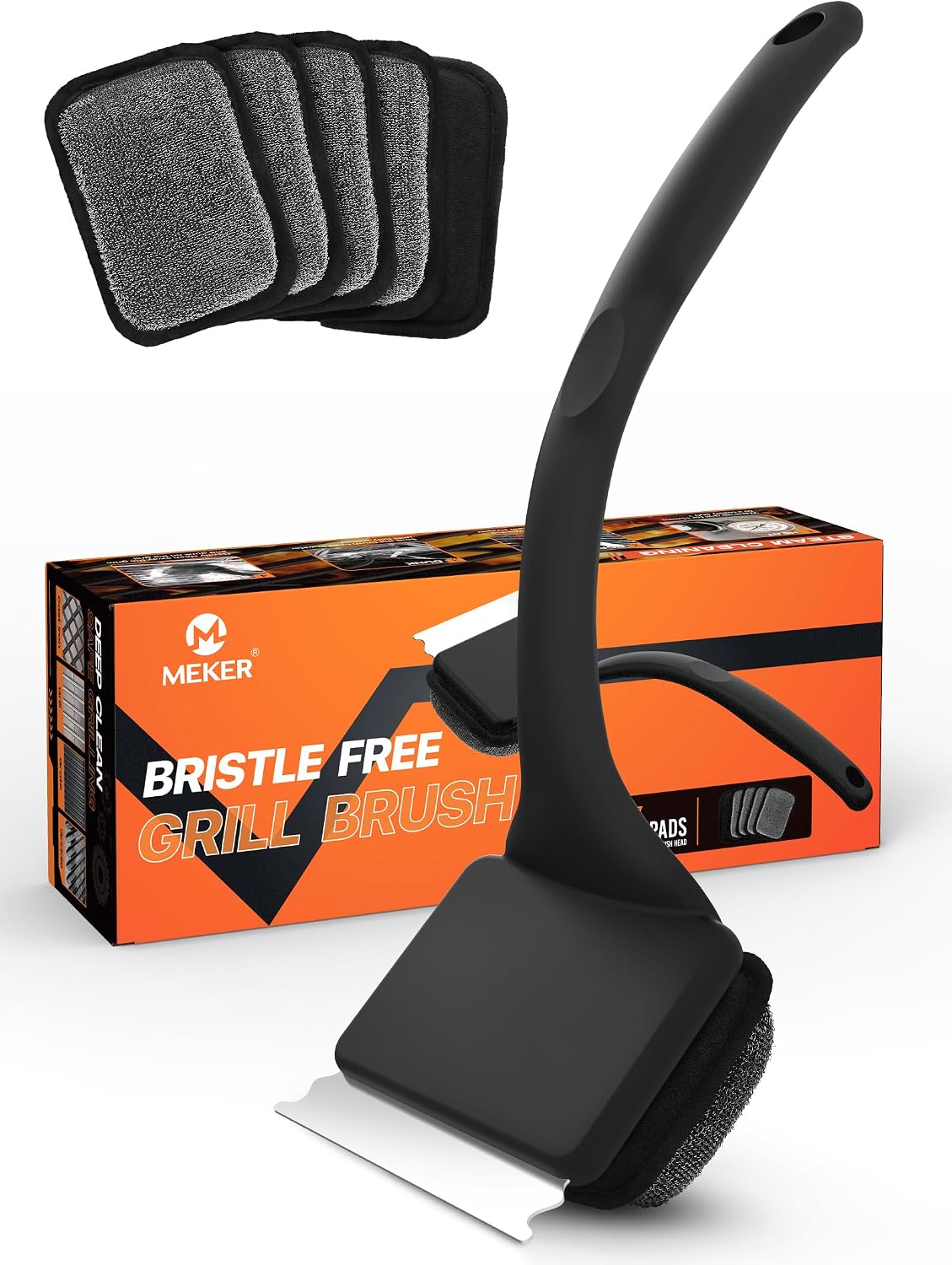 Grill Brush Bristle Free, Grill Cleaner Brush with 5 BBQ Replacement Head for Cast Iron, Stainless Steel Grates, Safe Grill Scraper Outdoor BBQ Grill, Black