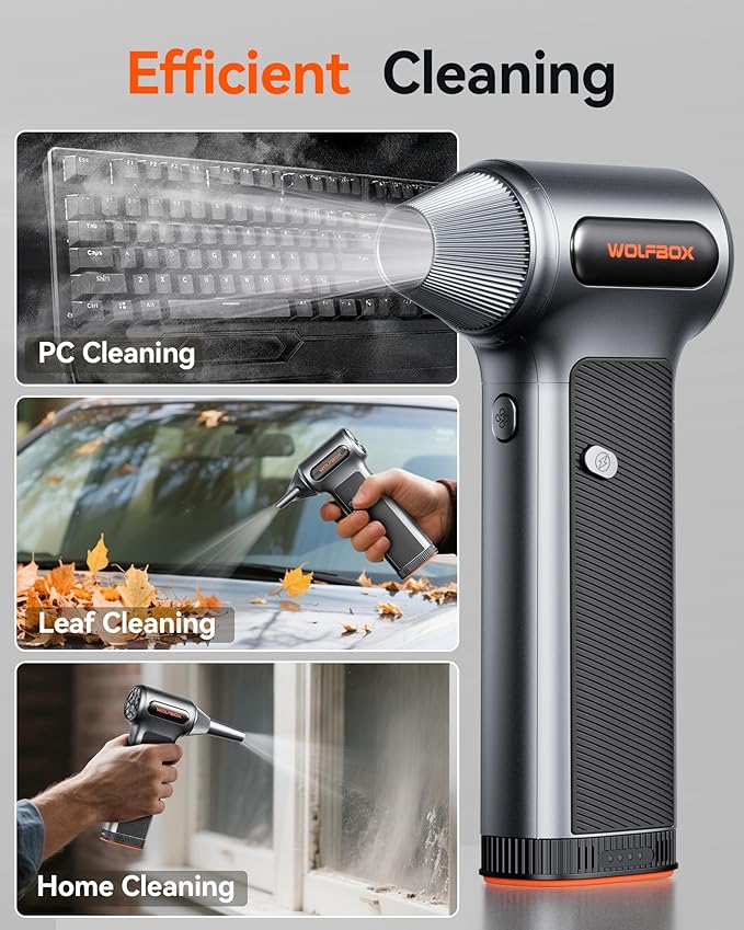 WOLFBOX MF200 Compressed Air Duster with Removable Battery & 4 Nozzles, Cordless 3-Speed Adjustable Mini Blower for Computer Keyboard, Car Cleaning, Home, and Outdoor Use