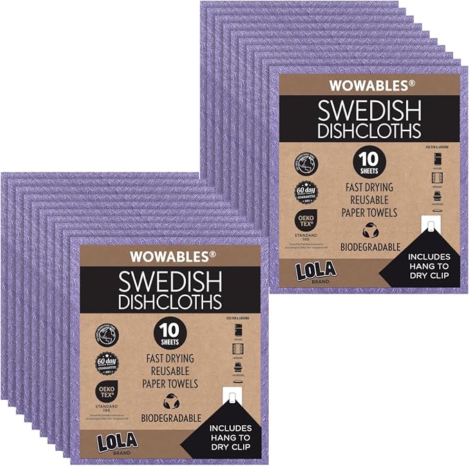 LOLA Swedish Dishcloths for Kitchen 20 Sheets, Biodegradable & Compostable Reusable Paper Towel Cleaning Cloths No Odor 