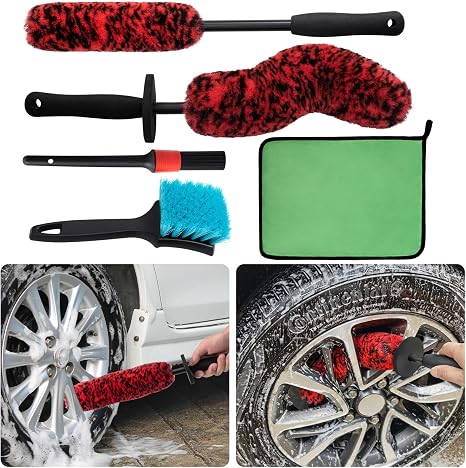 5 Pack Car Wheel and Tire Cleaner Brushes Kit Auto Motorcycle Rim Ultra Soft Microfiber No Spatter Bendable Woolies Bris
