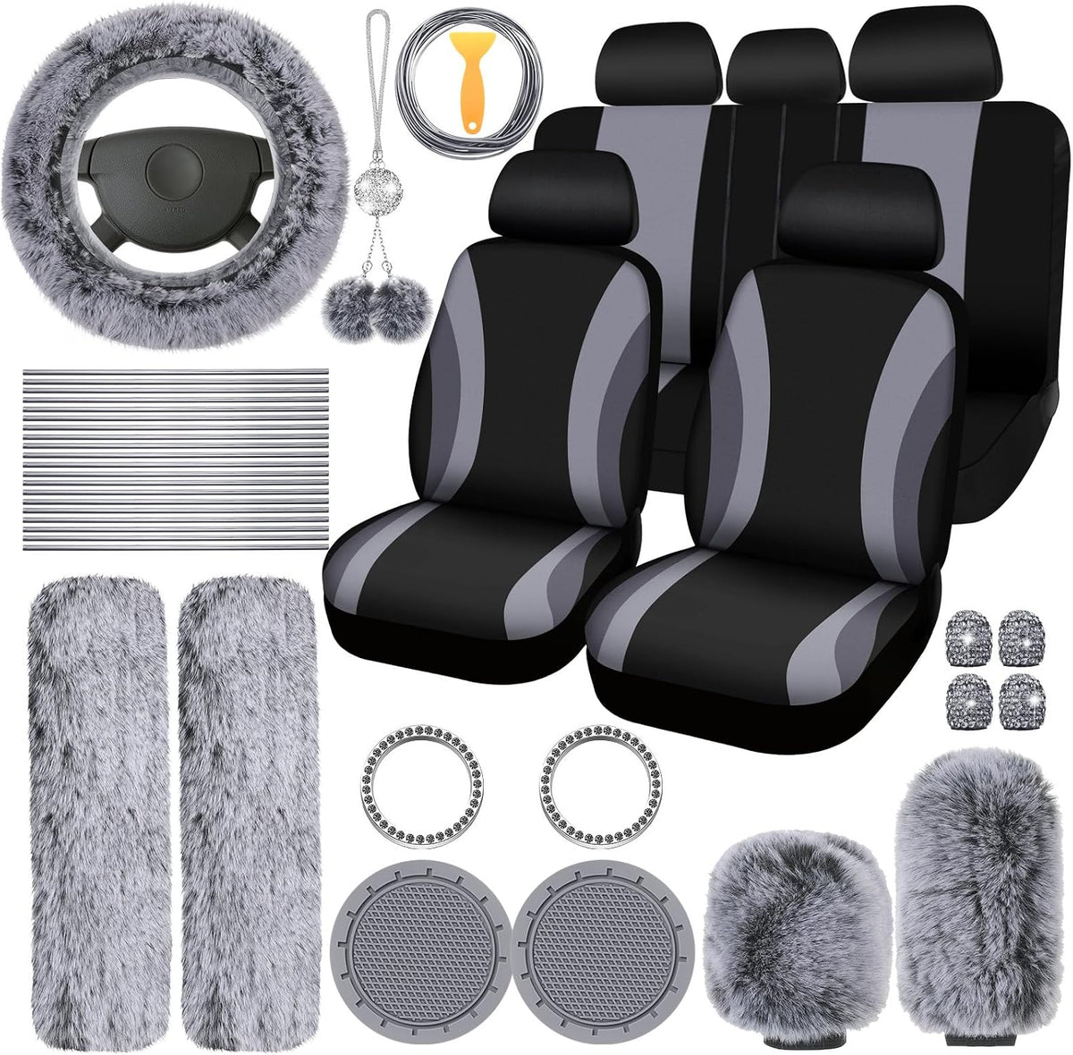 43 Pcs Fuzzy Car Seat Cover Full Set Gray, Black