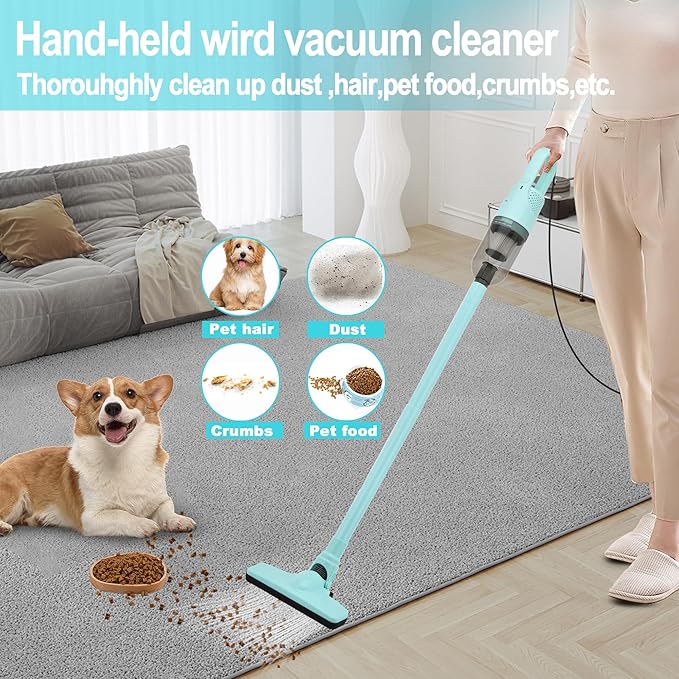 6-in-1 Lightweight Stick Vacuum Cleaner with 100W Powerful Motor, Mini Portable Household Handheld Vacuum Cleaner for Domestic Hard Floors, Carpets and Pet Hair(Light Green Corded)