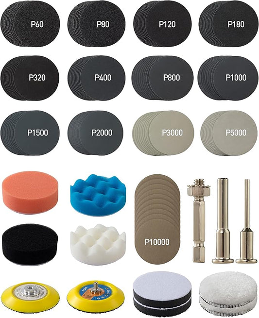 143 PCS Drill Polishing Kit, 3 Inch Sanding Disc Headlight Restoration Kit 60 to 10000 Grit Buffing Pads for Car Sanding