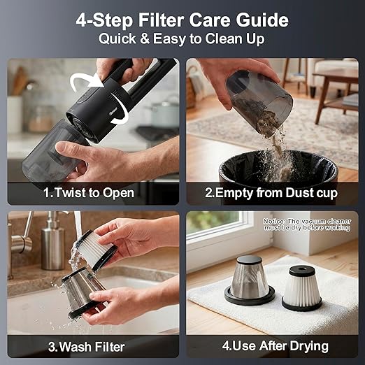Handheld Vacuum Cordless, Car Vacuum Portable Cordless 30 Mins Rapid Rechargeable Brushless Motor 19000Pa Strong Suction, Portable Vacuum for Car Home with 4 Nozzles (Black)