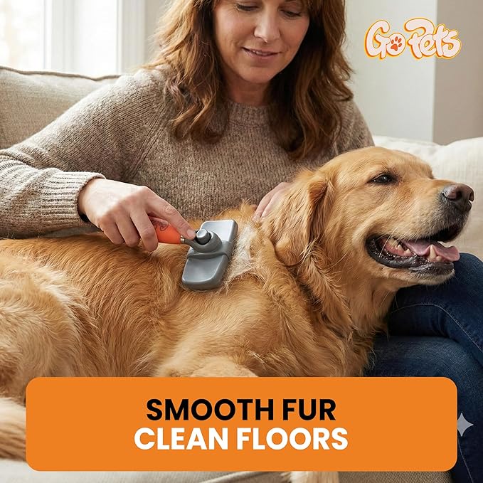 GoPets Self-Cleaning Slicker Brush for Dogs & Cats, Deshedding & Dematting Comb with Retractable Bristles, Undercoat Tool for Long Haired Dogs, Non-Slip Handle, Detangler for Mats & Shedding Fur