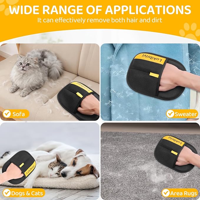 Pet Hair Removal Glove for Dogs & Cats - Upgraded Reusable Electrostatic Pet Hair Glove, Gentle Grooming Mitt, Pet Hair Remover Tool for Laundry, Couch, Carpet & Car Seat, 2 Pack (Black)