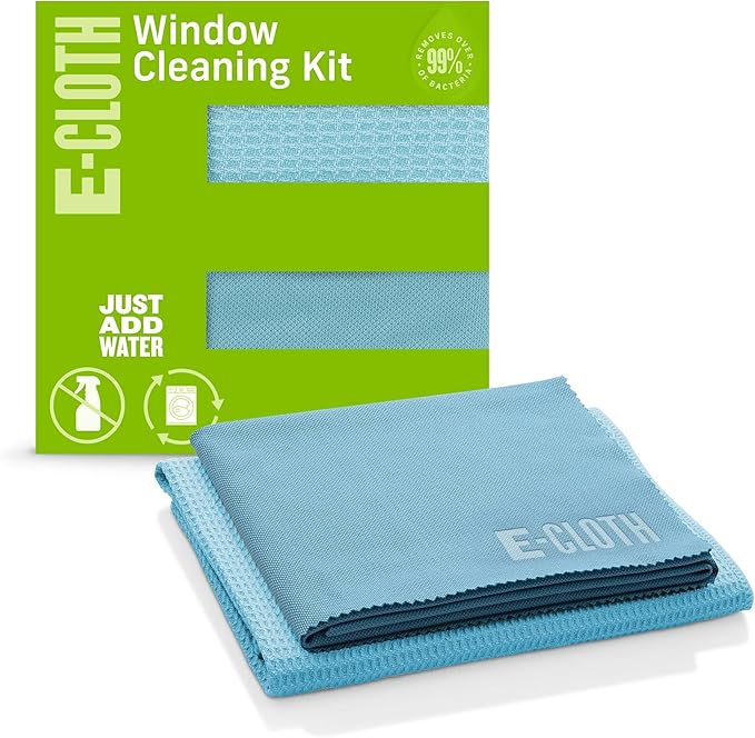 E-Cloth Window Cleaning Cloth - Eco Packaging - Glass Cleaning Cloth, Streak-Free Windows with Just Water, Microfiber Towel Kit for Windows, Car Windshield, Mirrors - Alaskan Blue