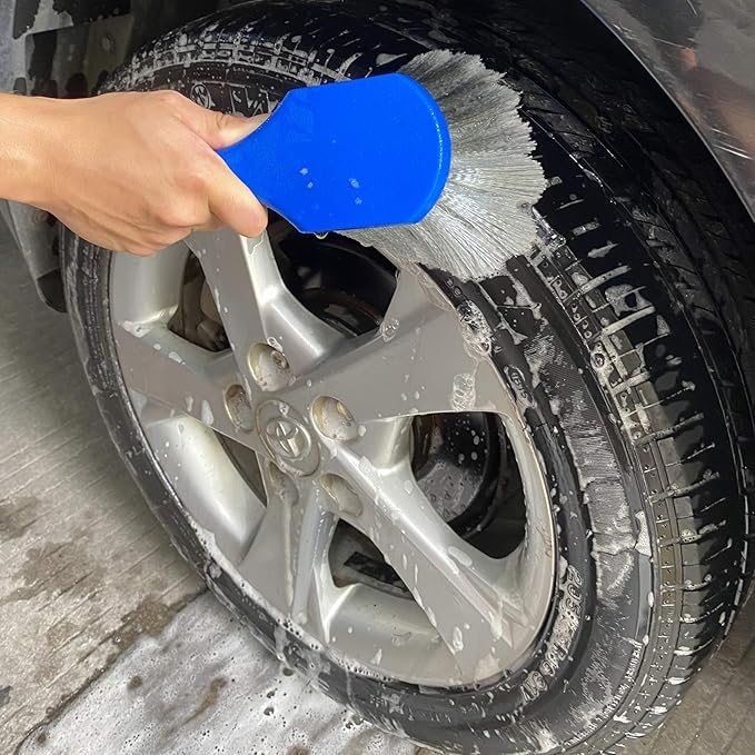 Wheel & Tire Brush for Car Rim, Soft Bristle Car Wash Brush, Cleans Tires & Releases Dirt and Road Grime, Short Handle for Easy Scrubbing Blue